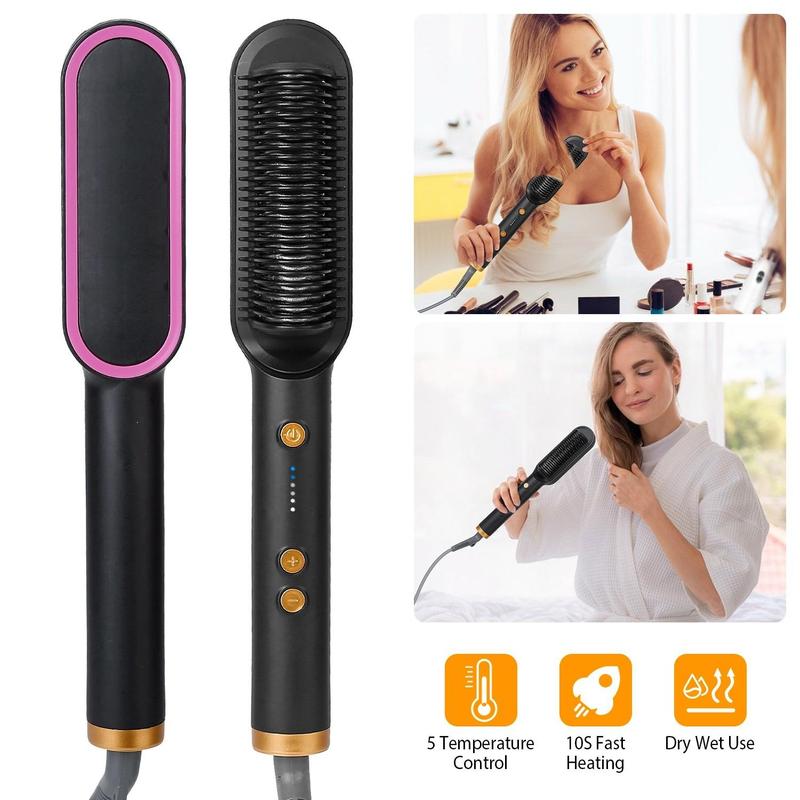 Hair Straightener Brush Hot Iron Brush with Built-in Comb, 5 Temp Settings Anti-Scald Design, Fits for All Types of Hair, Professional Salon Tool at Home, Black