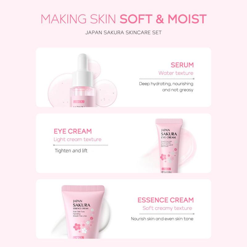 Sakura Cherry Blossom Pattern Skin Care Kit, 3 Counts set Moisturizing Nourishing Serum & Eye Cream & Face Cream, Hydrating Nourishing Facial Cream, Facial Skin Care Kit for Women and Girls