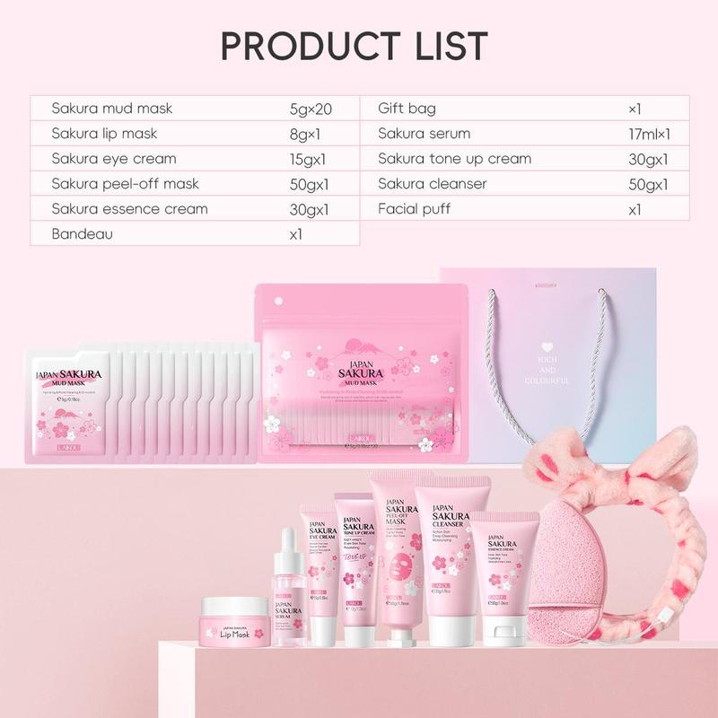 Sakura Skincare Set, 1 Set Moisturizing Facial Skin Care Products & Facial Washing Accessories, Skin Care Tools for Daily Use, Christmas, Christmas Gift