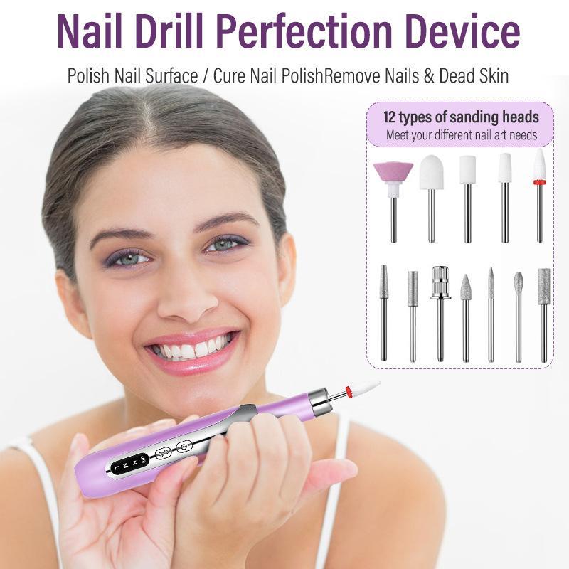 Professional Nail Drill Kit, 1 Box Portable Electric Nail File Efile Set, 3 Speed Cordless Manicure Pedicure Tool with 12 Types Nail Drill Bits