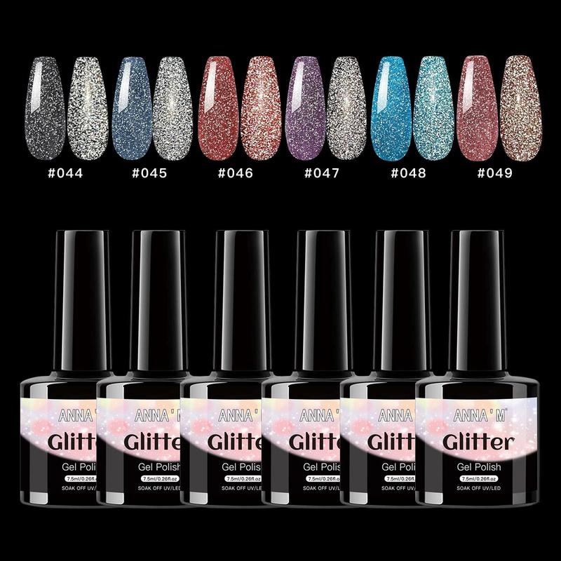 Glitter Nail Polish, 6 Counts Shimmering Nail Gel, Nail Art & Nail Polish for Women & Girls, Professional Nail Art Products for Home & Salon Use