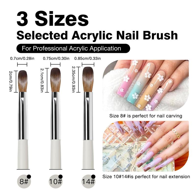 Acrylic Nail Brush Set, 3 Counts Professional Acrylic Powder Brushes for Nails Extension & 3d Nail Carving, Manicure & Pedicure Tools for Women & Girls