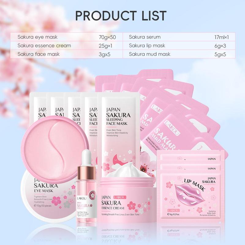 Sakura Skincare Set (16pcs set), Sakura Eye Mask, Serum, Cream, Lip Mask, Sleeping Mask, Mud Mask, Moisturizing Skin Care Kit for Women