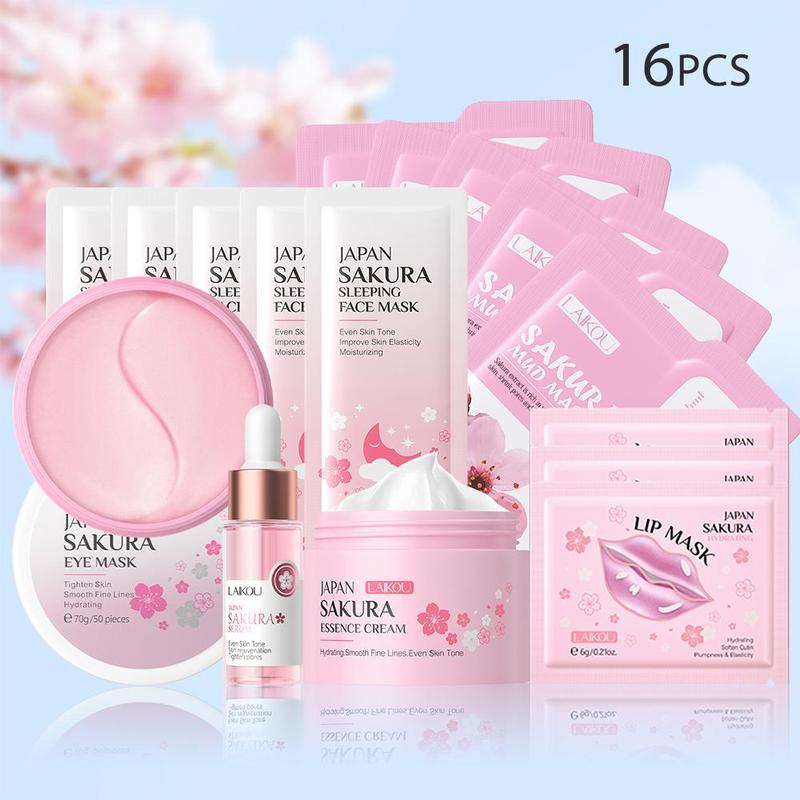 Sakura Skincare Set (16pcs set), Sakura Eye Mask, Serum, Cream, Lip Mask, Sleeping Mask, Mud Mask, Moisturizing Skin Care Kit for Women