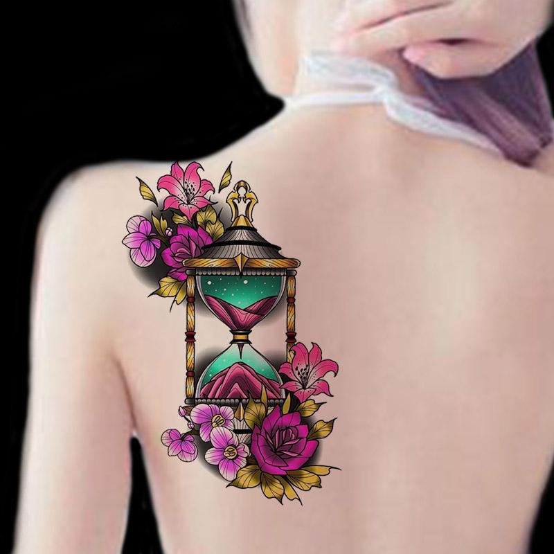 Hourglass & Flowers Pattern Temporary Tattoos, 1 Count Body Art Decoration Sticker For Women And Girls