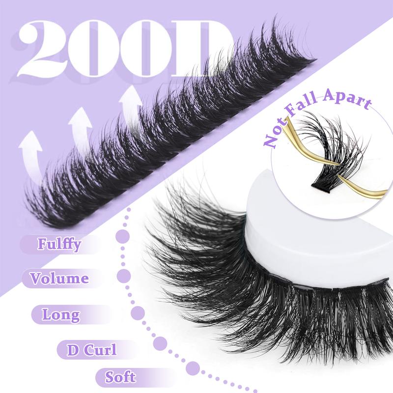 FEEGO 200D Lashes Extension Kit Thick Eyelash Extension Kit 10-20mm Fluffy Lash Clusters Individual Eyelashes Kit with Lash Bond and Seal