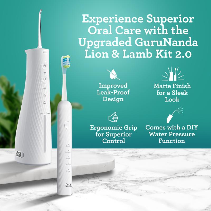 GuruNanda Lion & Lamb Kit 2.0, Electric Toothbrush with Water Flosser Combo, 4 Jet Tips, 4 Brush Heads & IPX7 Waterproof Design for Complete Oral Care