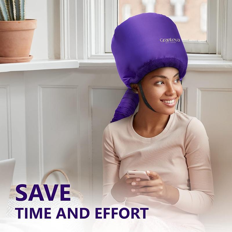 Bonnet Hair Dryer w A Headband Integrated That Reduces Heat Around Ears & Neck - Hair Dryer Diffuser Cap for Hair Dryer Curly Hair, Speeds Up Drying Time, Deep Conditioning at Home - Large (Purple)