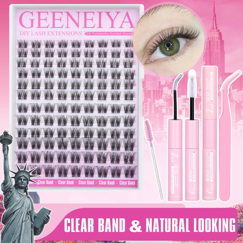 Geeneiya Clear Band Lash Cluters Kit with White Lash Bond and Seal, Tweezers for Beginner and Proficient (10-16MM)