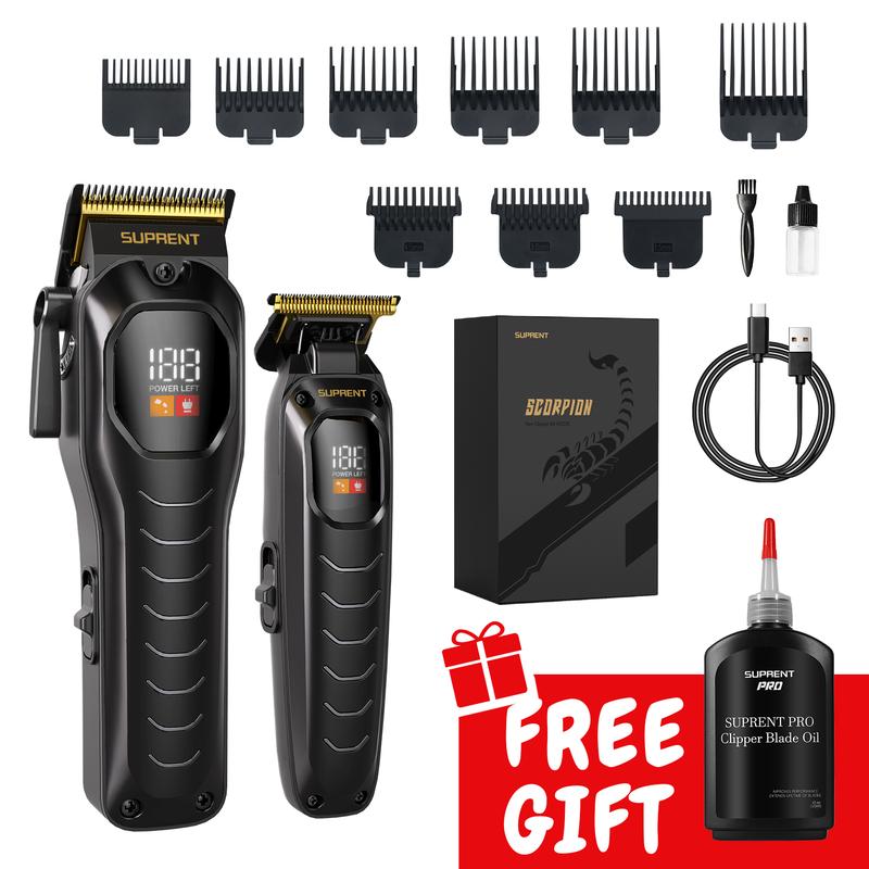 [Professional Barber's Choice] SUPRENT PRO The Black Scorpion- Professional Hair Clipper for Men-Rechargeable Heavy-Duty Motor Hair Cutting Kits with LED Display, Cordless Factory-Calibrated Zero Gapped Beard Hair Trimmer, Gifts for Men, Black