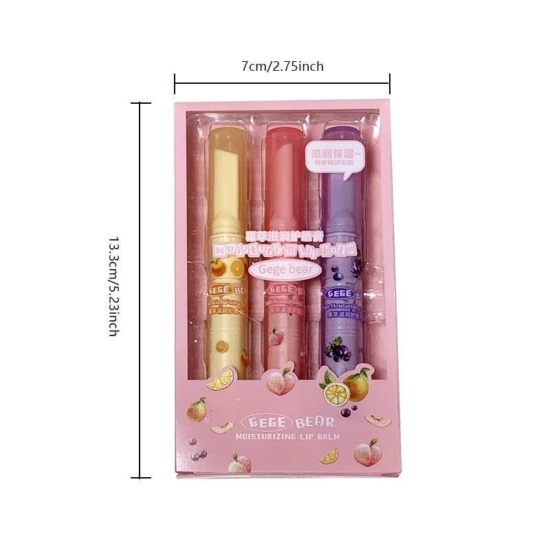 Fruit Pattern Moisturizing Tinted Lip Balm with Box, 3 Counts set Long Lasting Glossy Mirror Press on Lipstick Kits for Girls & Women