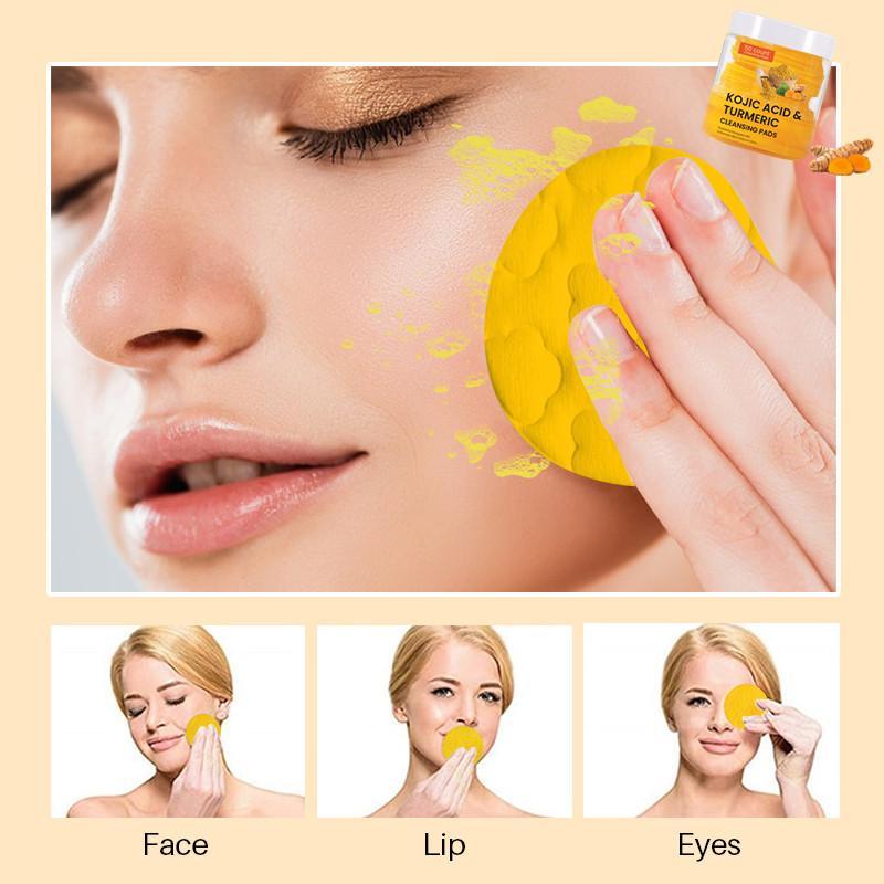 Turmeric & Kojic Acid Face Cleansing Pads, 50pcs box Brightening Exfoliating Cleanser for Acne-prone Skin & Makeup Removal for Face & Body Women & Men