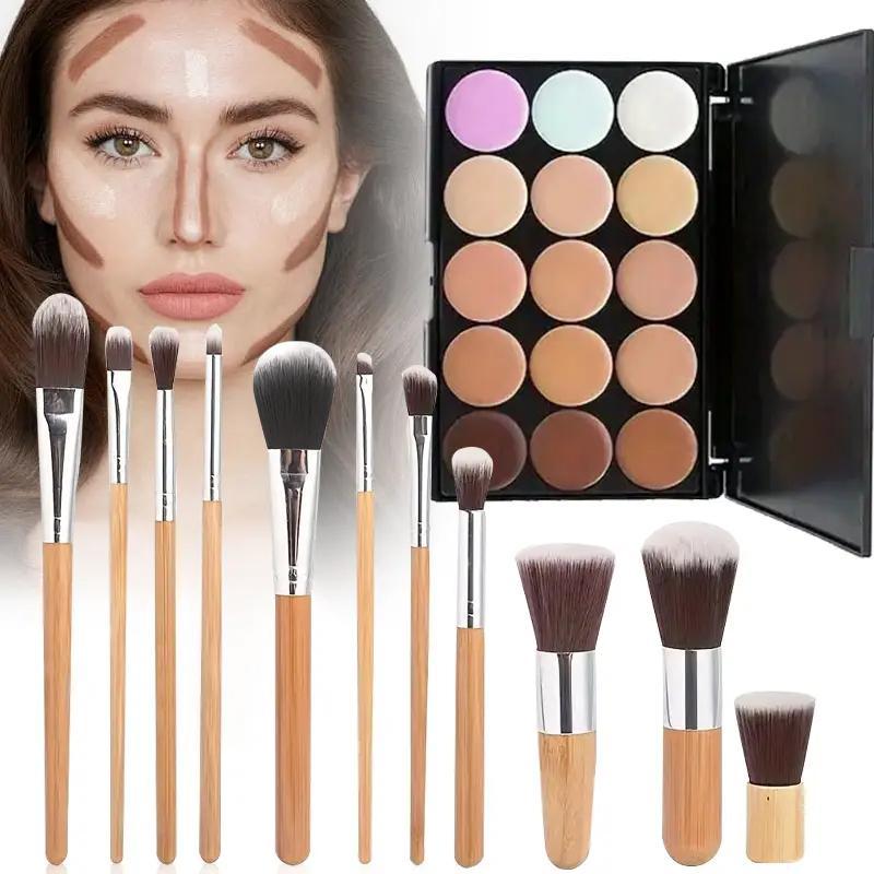 15-color Concealer Palette with 11pcs Makeup Brush Set for Christmas Gift, Long Lasting Concealer for Contouring, Highlighting & Color Correction, Makeup Kit for All Skins