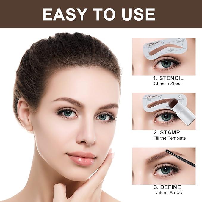 W32 Eyebrow Stamp Stencil Kit - One-Step Vegan Eyebrow Stamp Pomade - Long-Lasting Waterproof Smudge-Proof - With 24Pcs Reusable Thin & Thick Eyebrow Stencils for Perfect Brows