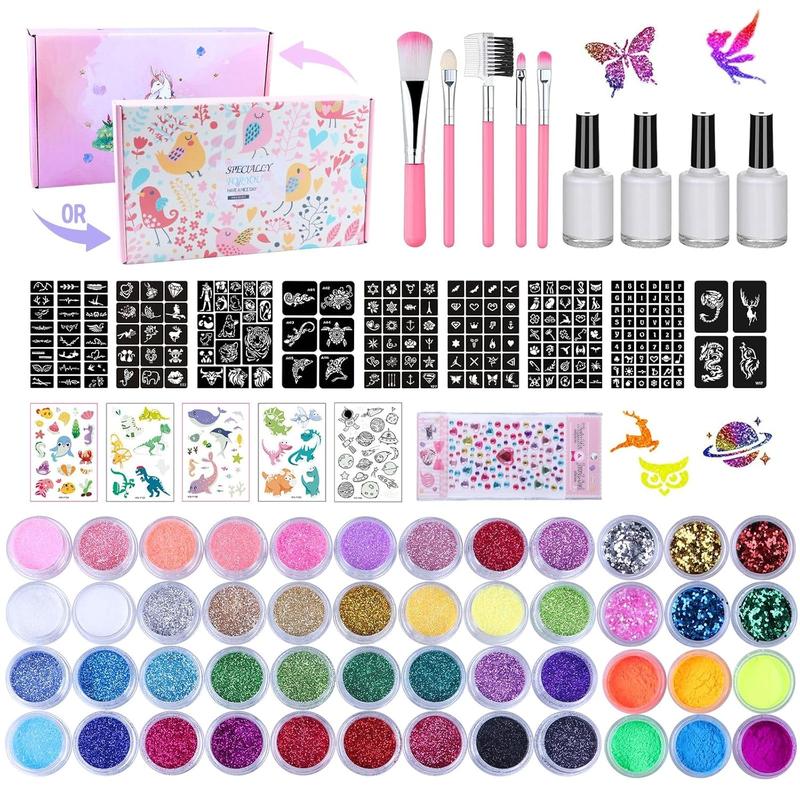 Temporary Glitter Tattoo Kids 48 Colors, 209 Unique Stencils, 4 Glue, 5 Brushes, Body Nail Arts Glitter Makeup Kit, Gifts for Girls Boys Adults Birthday...