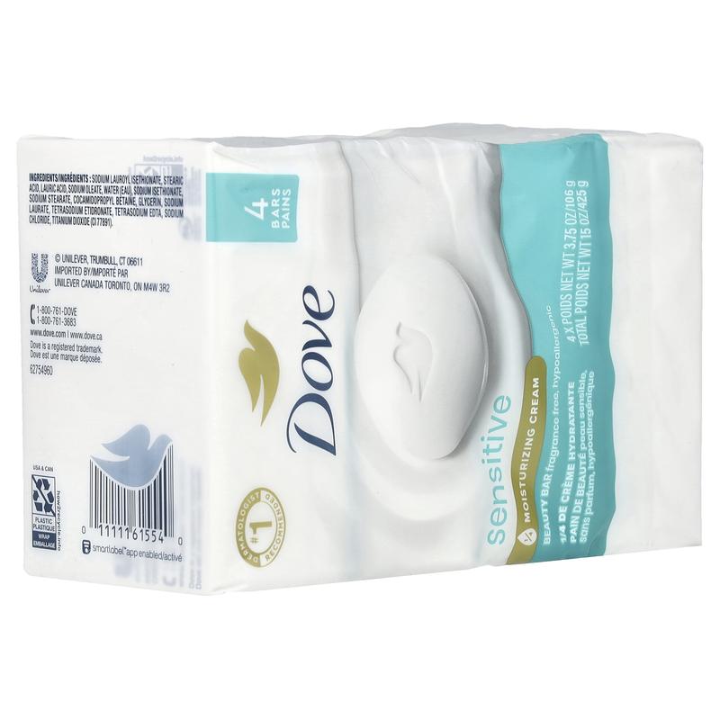 Dove Beauty Bar Soap, Sensitive Skin, Fragrance Free, 4 Bars, 3.75 oz (106 g) Each