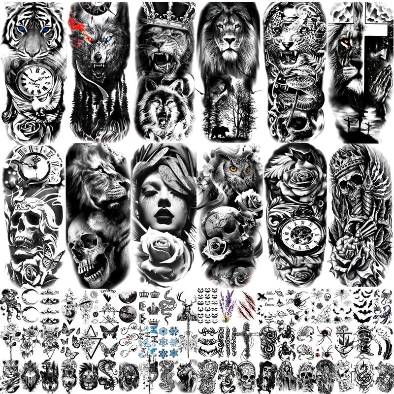 72 Sheets Temporary Tattoo for Men Women Adults, Include 12 Sheets Large Black 3D Half Sleeve Temporary Tattoos, Halloween Tattoos Scary Lion Wolf Tiger Skull Skeleton Tattoos Stickers Flower Waterproof