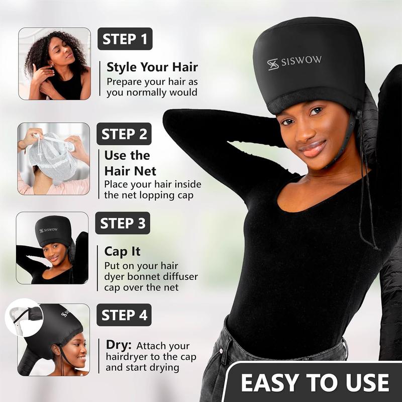 Mesh Blow Hood for Drying Curly Hair - Hair Dryer Cap Diffuser Cap for Curly Hair, Speeds Up Drying Time, Safe Deep Conditioning at Home - Portable, Adjustable