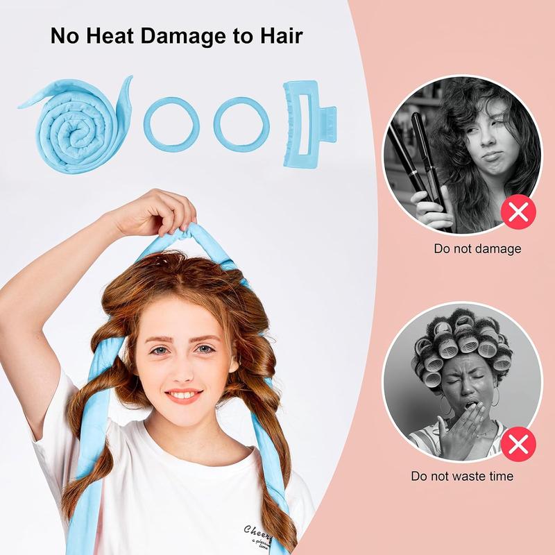 Heatless Curling Rod Headband, Soft Hair Curlers to Sleep In, No Heat Curls, Overnight Hair Wrap Curls Styling Kit for  with Long Hair Medium Hair, Blue