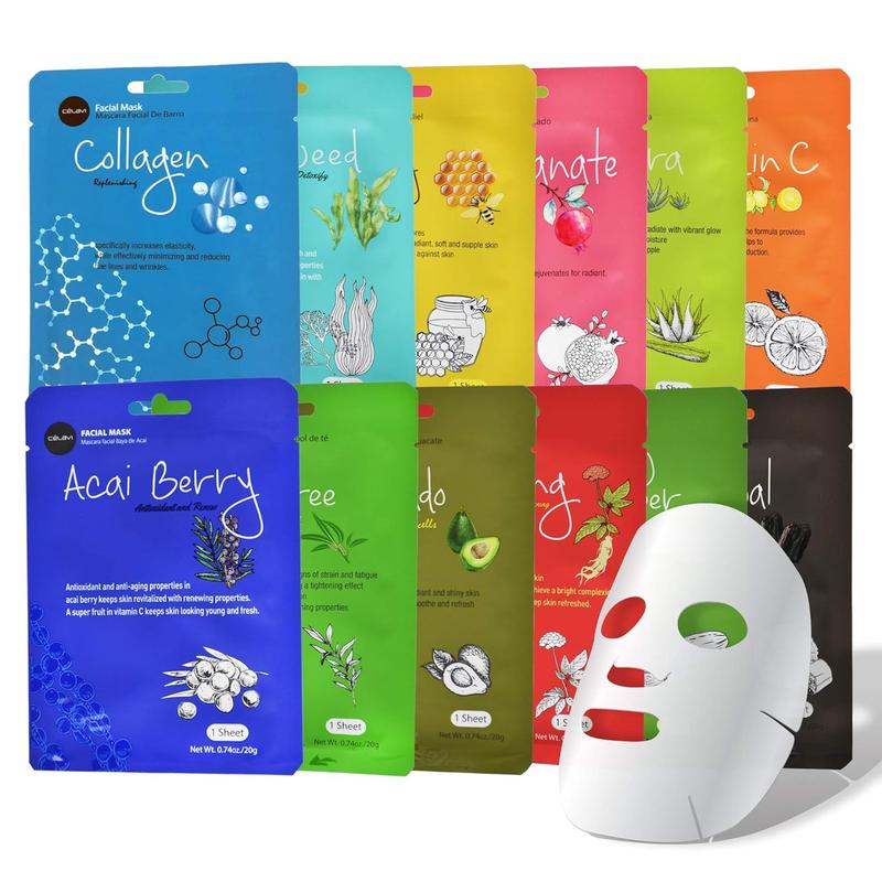 Celavi Essence Facial Sheet Face Mask Variety Set Classic Authentic Korean Moisturizing Skincare (12-Packs) - Celavi