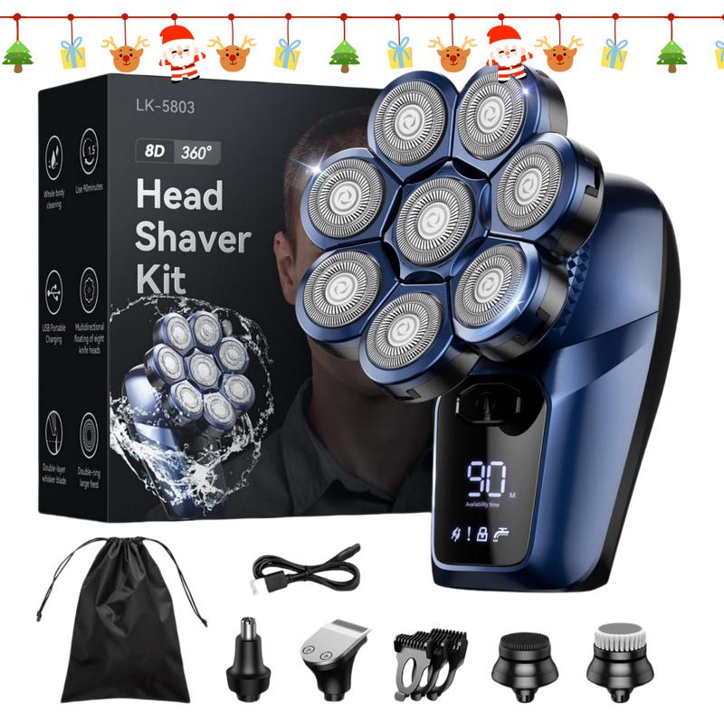 Bazivve Men's Bald Razor, 7-in-1 Electric Head Shaver Kit with 8 Rotating Heads, IPX7 Waterproof, LCD Display, Wet Dry Use for Beard, Hair, and Body