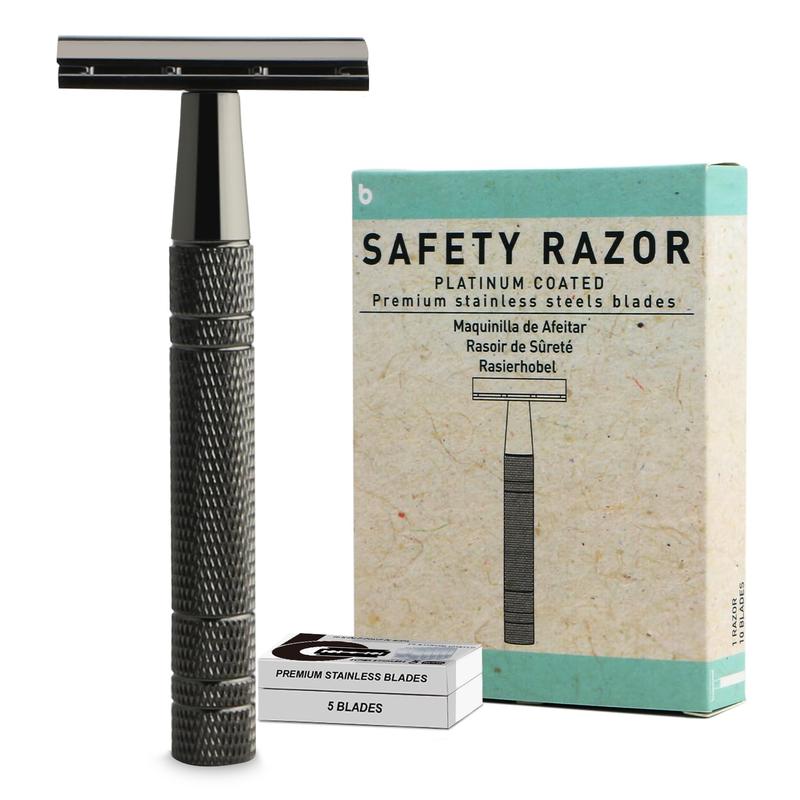 Gun Black Double Edge Safety Razor with 10 Platinum Coated Blades for Men Shaving - Comfort