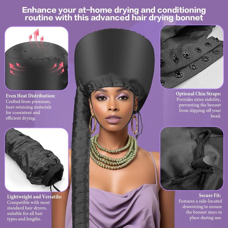 Hair Dryer Cap with Hood - Fast Drying Cap Hair Dryer for Natural Hair, Deep Conditioning, Styling and Curl Enhancement - Adjustable Fit, Heat Distribution, Portable and Lightweight for Travel (Black)