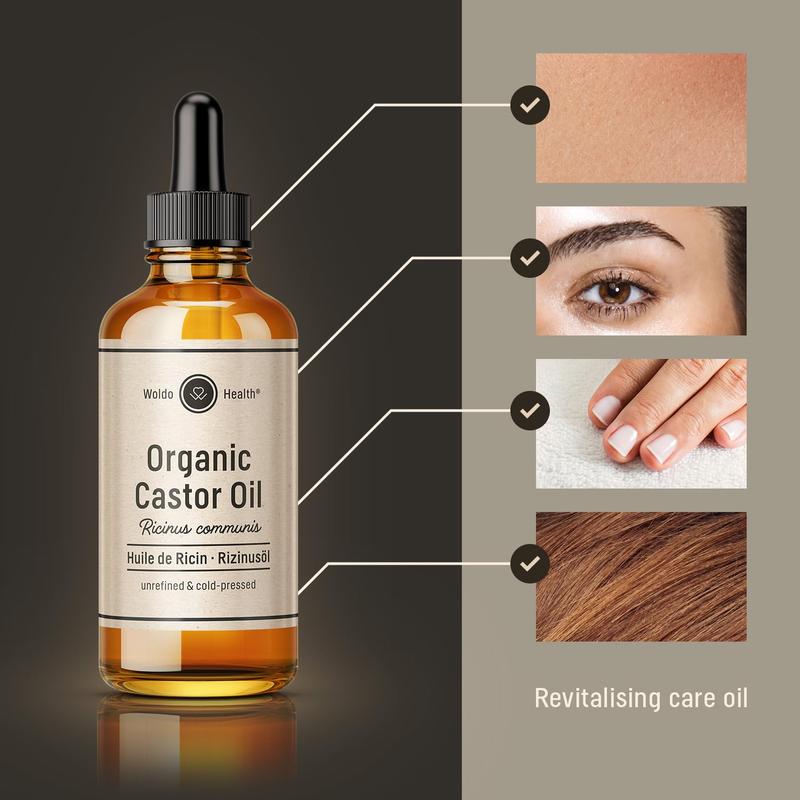 Organic Castor Oil for Hair Growth, Eyelashes & Eyebrows - 3.38Oz Cold-Pressed, Pure and Uv-Protected Glass WoldoHealth