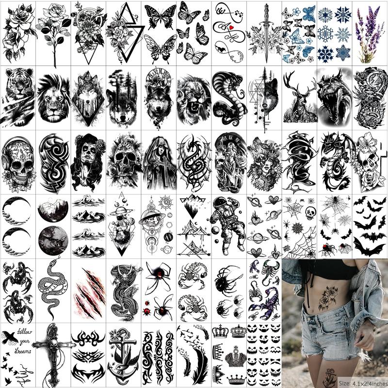 72 Sheets Temporary Tattoo for Men Women Adults, Include 12 Sheets Large Black 3D Half Sleeve Temporary Tattoos, Halloween Tattoos Scary Lion Wolf Tiger Skull Skeleton Tattoos Stickers Flower Waterproof