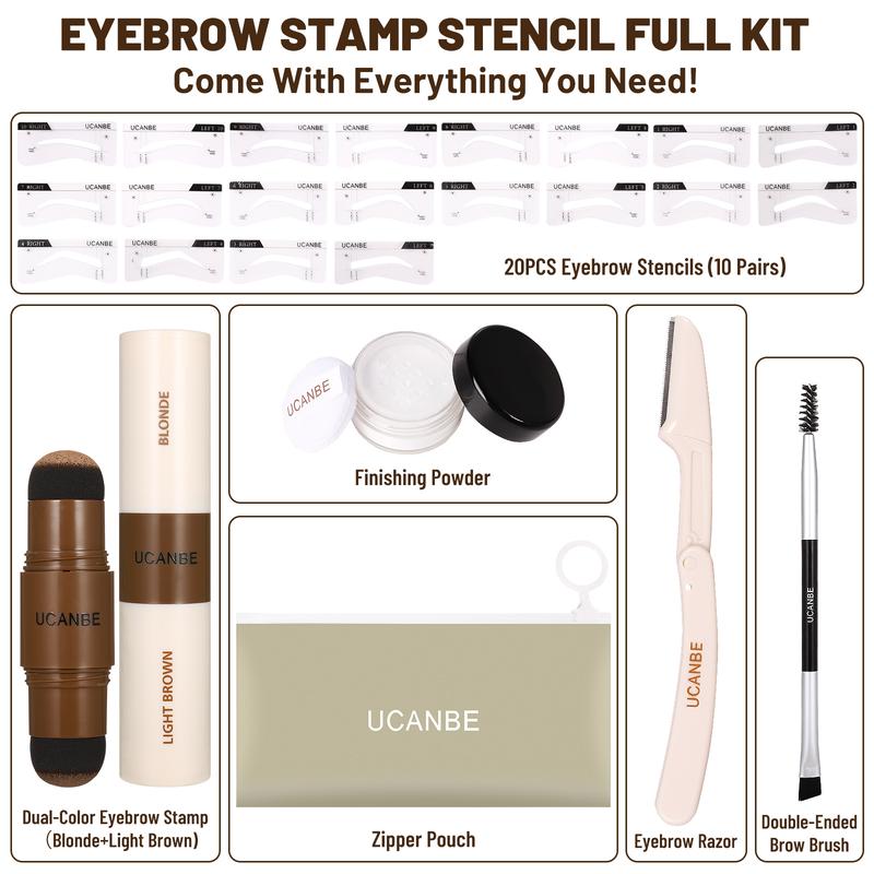 UCANBE 25PCS Eyebrow Stamp Stencil Kit, Dual-Color,20 Stencils,Finising Powder,Brush,Eyebrow Razor,Zipper Pouch,Waterproof Eye Brow  Makeup Kit