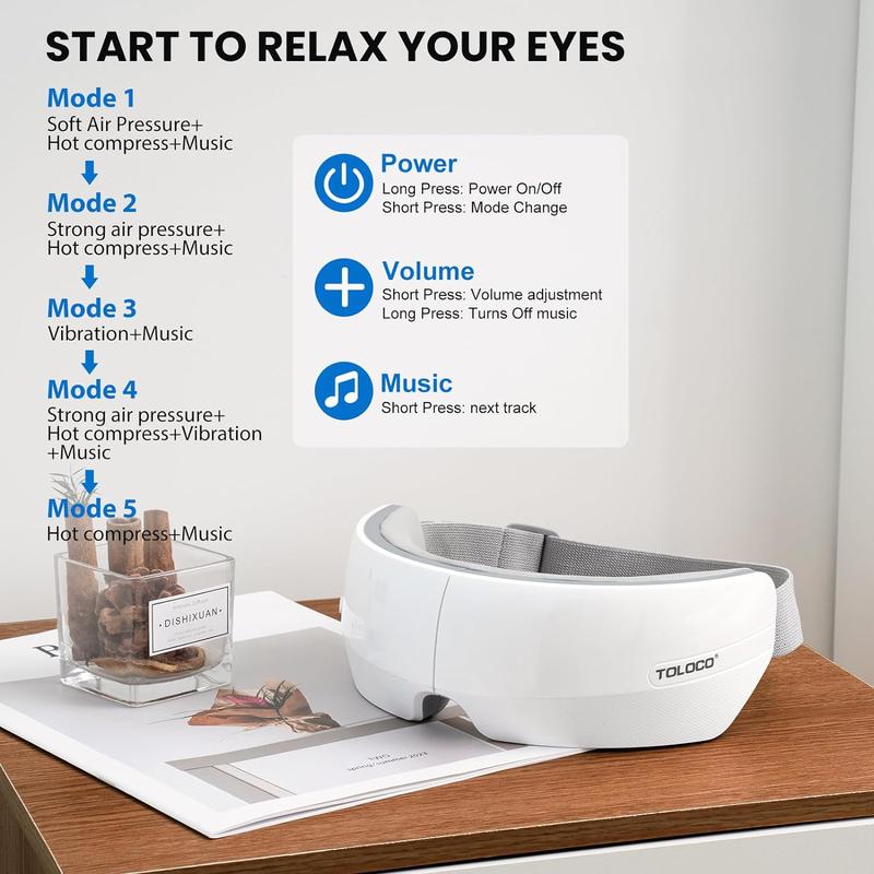 TOLOCO Eye Massager with Heat and Bluetooth Music – Perfect Gift for Relaxation, Migraine Relief, Eye Strain Reduction, and Improved Sleep Quality.