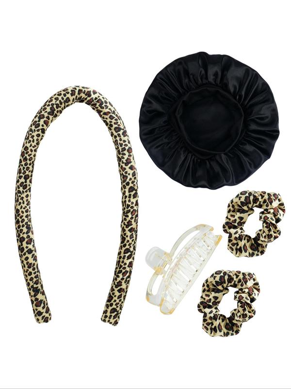 Leopard Pattern Hair Curler & Sleeping Cap, Including Satin Bonnet & Hair Tie & Heatless Curling Rod & Hair Claw Clip, Fashion Hair Styling Tools for Women for Various Hairstyle Use