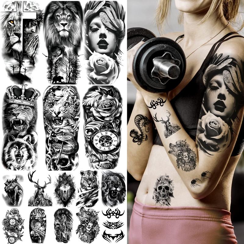 72 Sheets Temporary Tattoo for Men Women Adults, Include 12 Sheets Large Black 3D Half Sleeve Temporary Tattoos, Halloween Tattoos Scary Lion Wolf Tiger Skull Skeleton Tattoos Stickers Flower Waterproof