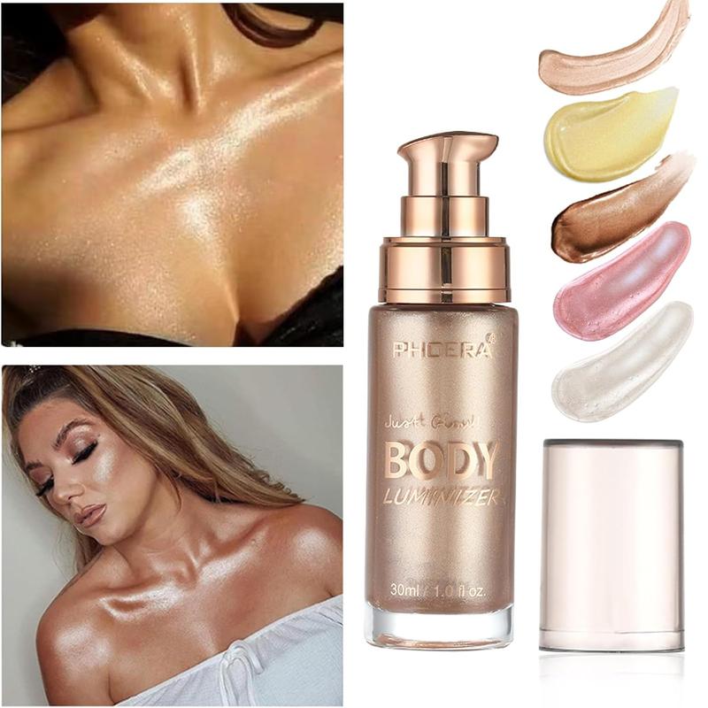 Body Shimmer Oil, Waterproof Long Lasting Moisturizing Bronze Body Luminizer Glow For Face & Body, Liquid Illuminator Body Highlighter 1oz Jars, Makeup Brush Include (Rose  #01)