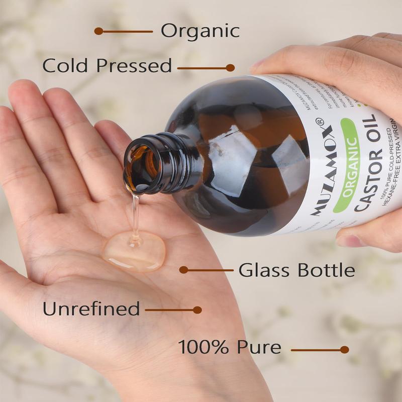 MUZAMOX （16 Fl Oz）Organic Castor Oil Cold Pressed Glass Bottle, Pure, Cold Pressed & Hexane Free, Castor Oil  , Thicker Eyelashes & Eyebrows and Castor Oil Pack, 16 Fl Oz Comfort moisturized skin