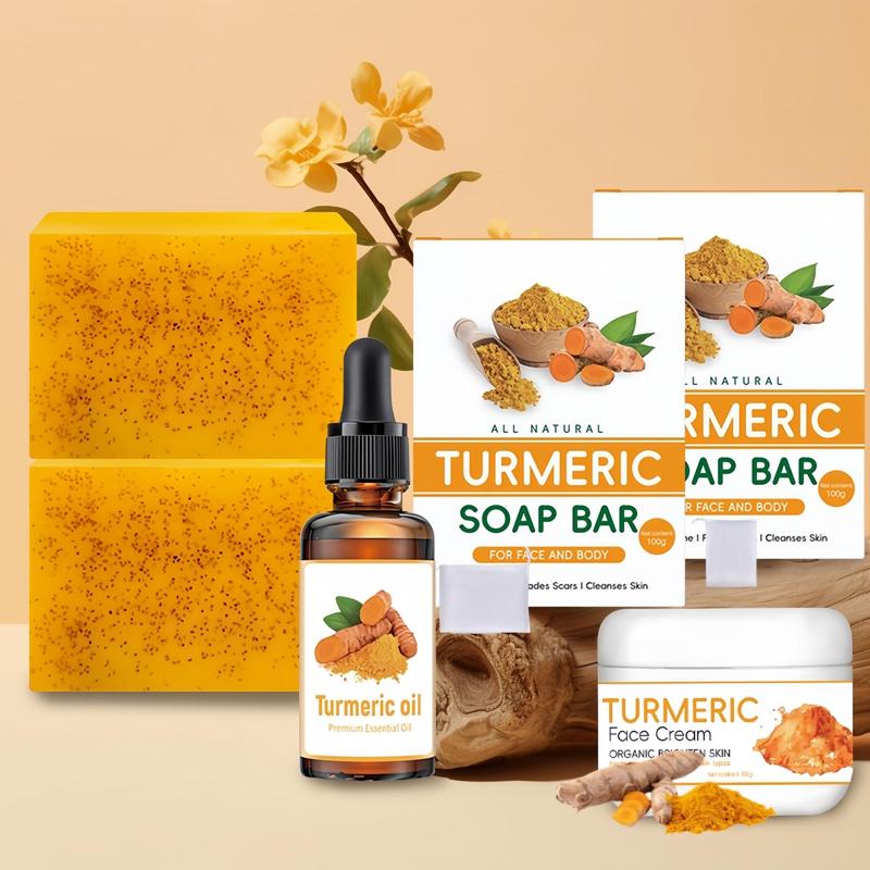 Turmeric Skin Care Kit for Christmas Gift, 2 Counts Turmeric Soap & 1 Count Turmeric Oil & 1 Count Face Cream, Daily Skin Care Sets for Men & Women All Skin Types