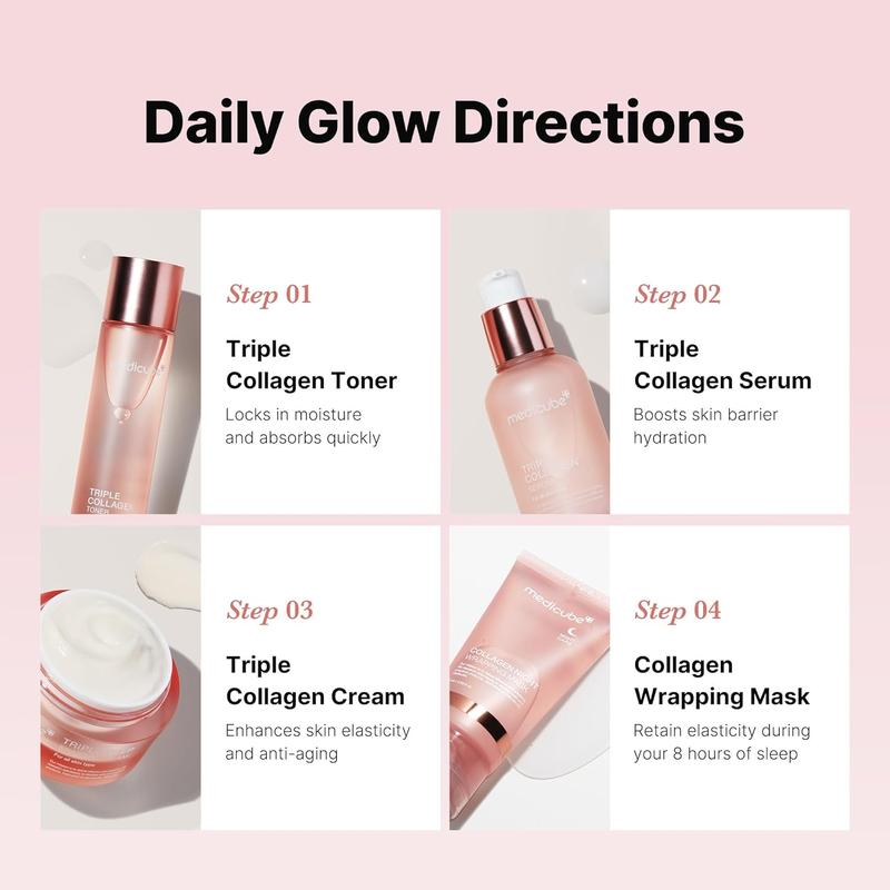 Medicube Glass Skin Glow Collagen Trial Kit | 4 Step with Facial Toner, Serum, Cream & Peel Off Mask | Achieve Glassy Glow & Firm Skin | Korean Skin Care