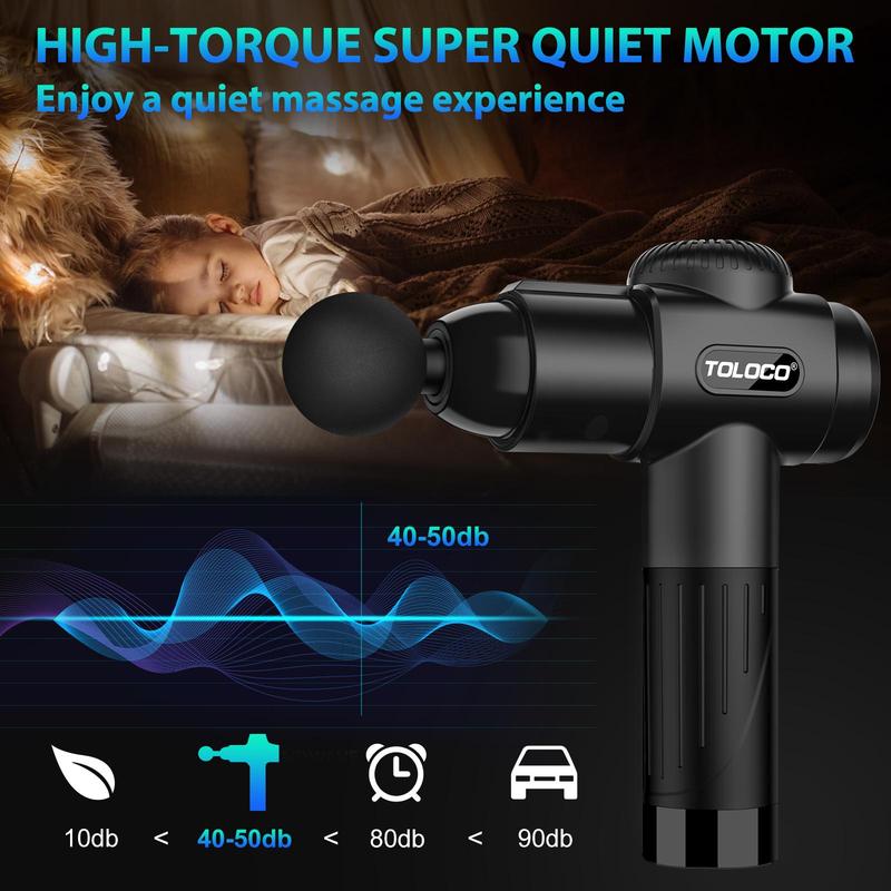 TOLOCO EM26 Massage Gun, sleek black design for deep tissue relief, features 10 massage heads and a silent motor  Comfort and perfect gift for anyone.