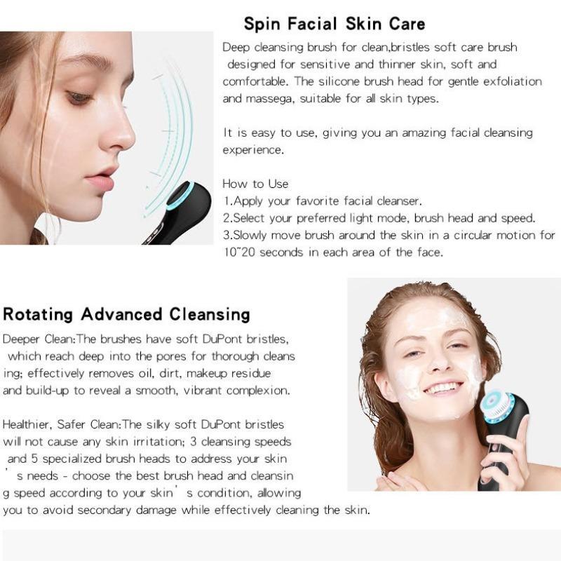 Electric Facial Cleansing Brush, 1 Box Rechargeable Waterproof Facial Scrubber with 5 Brush Heads, Facial Skin Care Tool for Exfoliating, Massaging