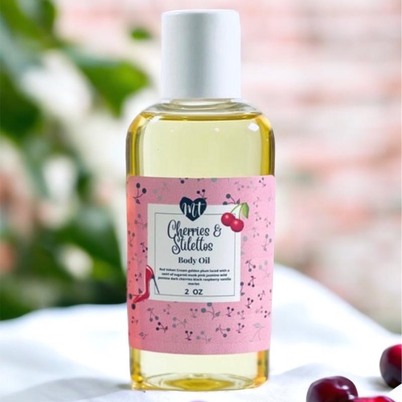 Cherries and Stilettos body oil, moisturizer, moisturizer, cherry,  perfume, vegan, perfume, cruelty free, gifts for her Hydrating Body Care Moisturizing Silky Moisture Fragrance Scent Smooth