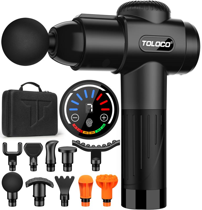 TOLOCO EM26 Massage Gun, sleek black design for deep tissue relief, features 10 massage heads and a silent motor  Comfort and perfect gift for anyone.