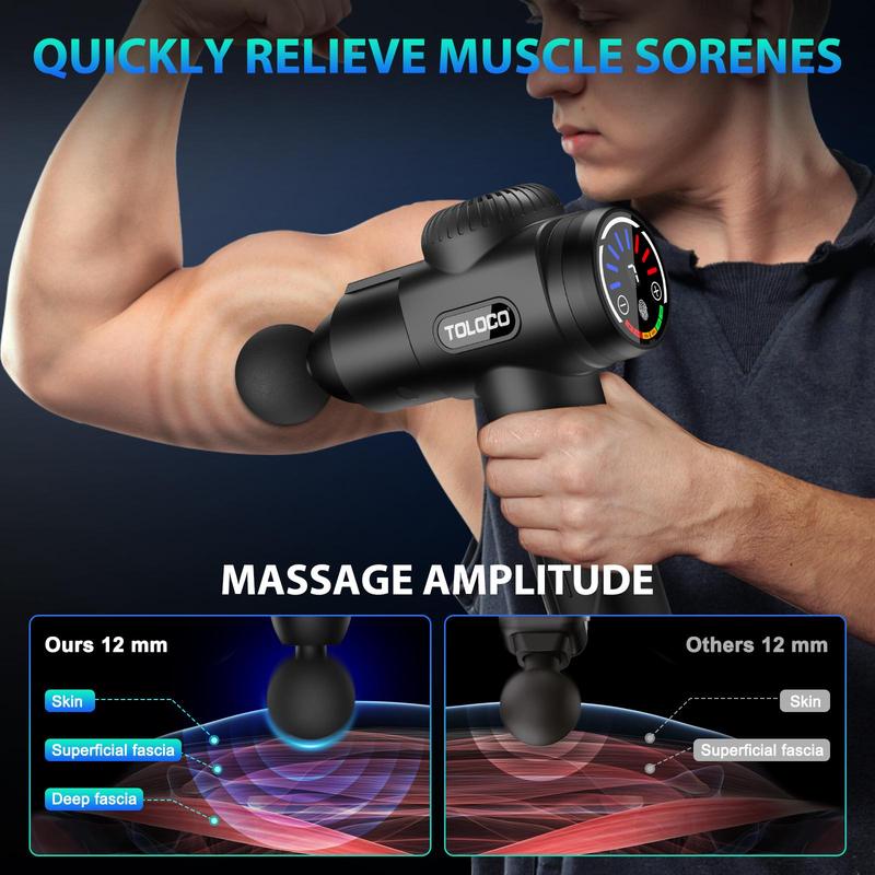 TOLOCO EM26 Massage Gun, sleek black design for deep tissue relief, features 10 massage heads and a silent motor  Comfort and perfect gift for anyone.