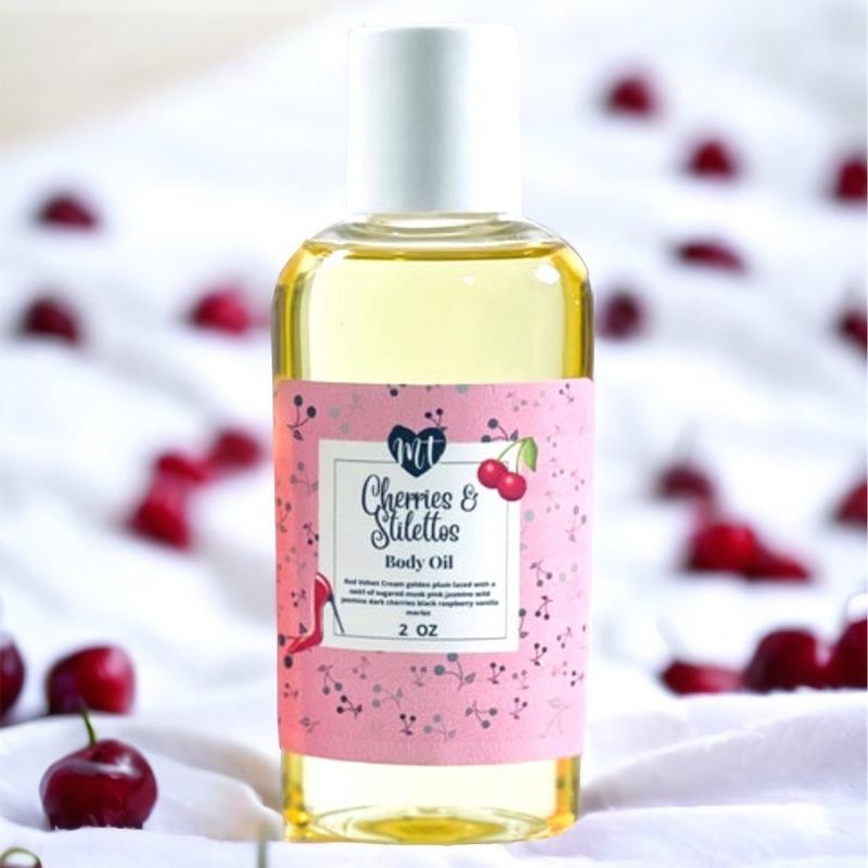 Cherries and Stilettos body oil, moisturizer, moisturizer, cherry,  perfume, vegan, perfume, cruelty free, gifts for her Hydrating Body Care Moisturizing Silky Moisture Fragrance Scent Smooth