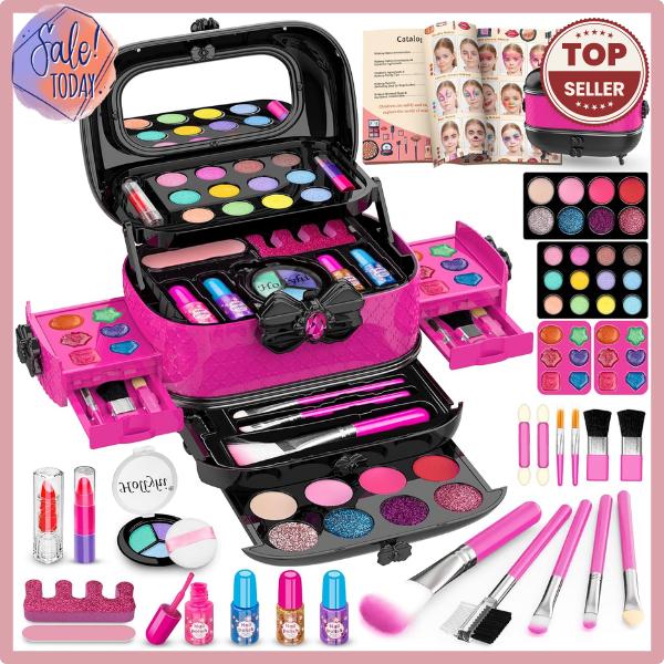 Hollyhi 58 Pcs Makeup Kit, Princess Real Washable Cosmetic Set with Mirror (Rose)