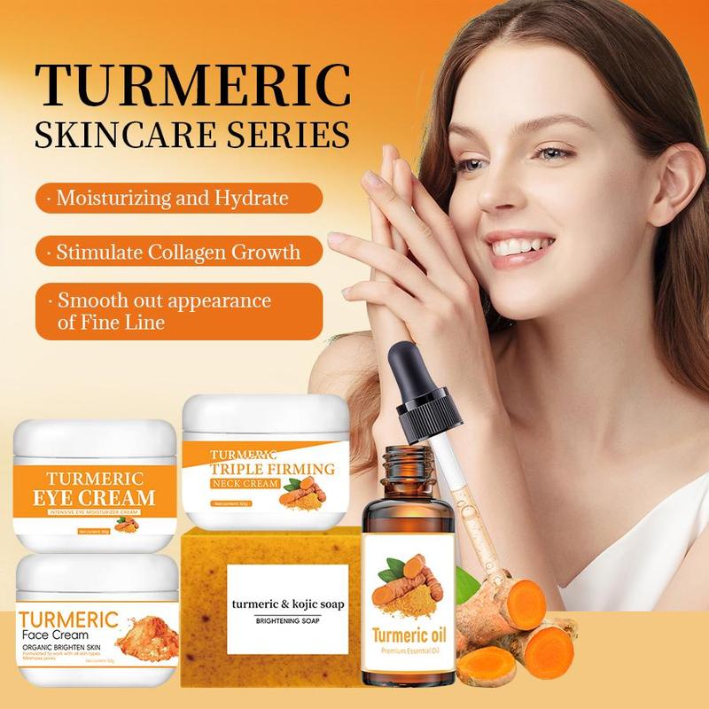 Turmeric Skin Care Kit, 5 Counts set Including Turmeric Face Cream, Eye Cream, Neck Cream, Serum & Soap, Moisturizing Skin Care Kit for All Skin Types