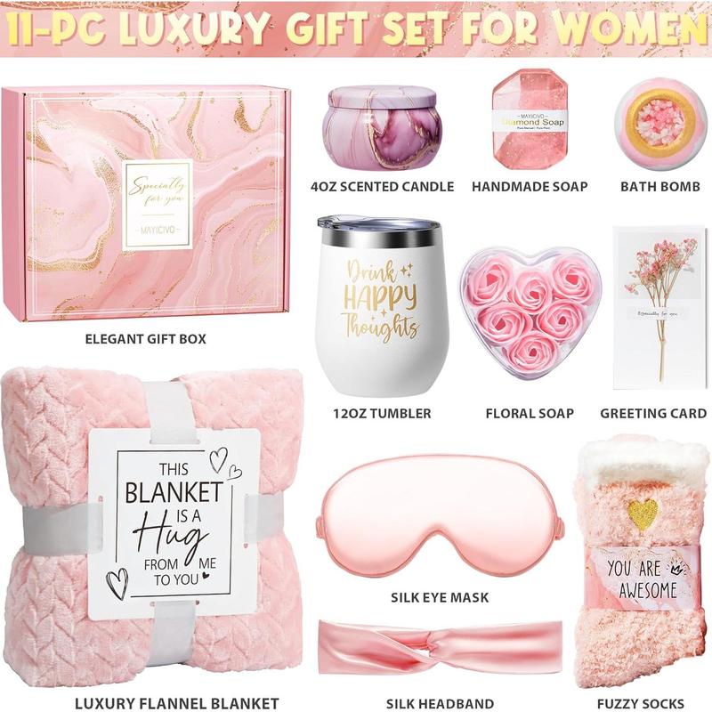 Birthday Gifts for Women Self Care Gifts Get Well Soon Gifts, Rose Relaxing Spa Gifts Basket Care Package w  Luxury Flannel Blanket, Unique Christmas Gifts Idea for Mom Her Best Friends Sister Wife