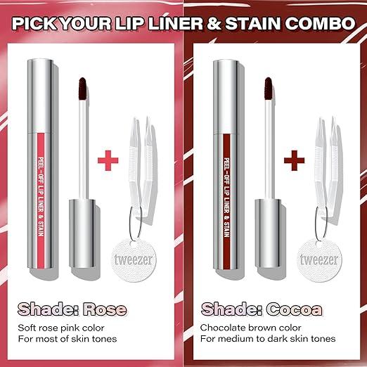 Peel Off Lip Liner Stain, Long Wear Tattoo Lip Liner with Tweezer, Peel Off Lip Stain with Matte Finish, Long Lasting, Waterproof, Transfer-proof, Highly Pigmented Color (Mauve, Cocoa, Rose) Eyeliner Lipliner