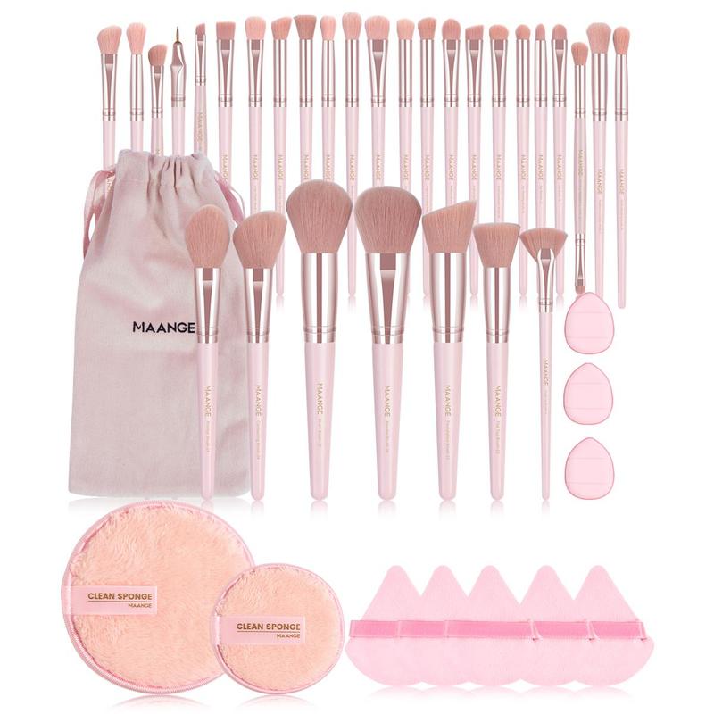 Summer Cosmetic Tool Kit,1 Set Including 30pcs Makeup Brushes, 1 Large Puff, 1 Small Puff, 5 Cushion Powder Puff, 3 Mini Finger Cushion Puff Flawless Makeup Tools