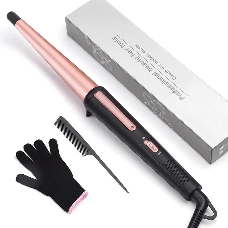 Hair Curling Wand, 0.5-1Inch Tapered Curling Iron, Professional Ceramic Hair Curler Wand with Heat-Resistant Glove, Dual Voltage (Pink)