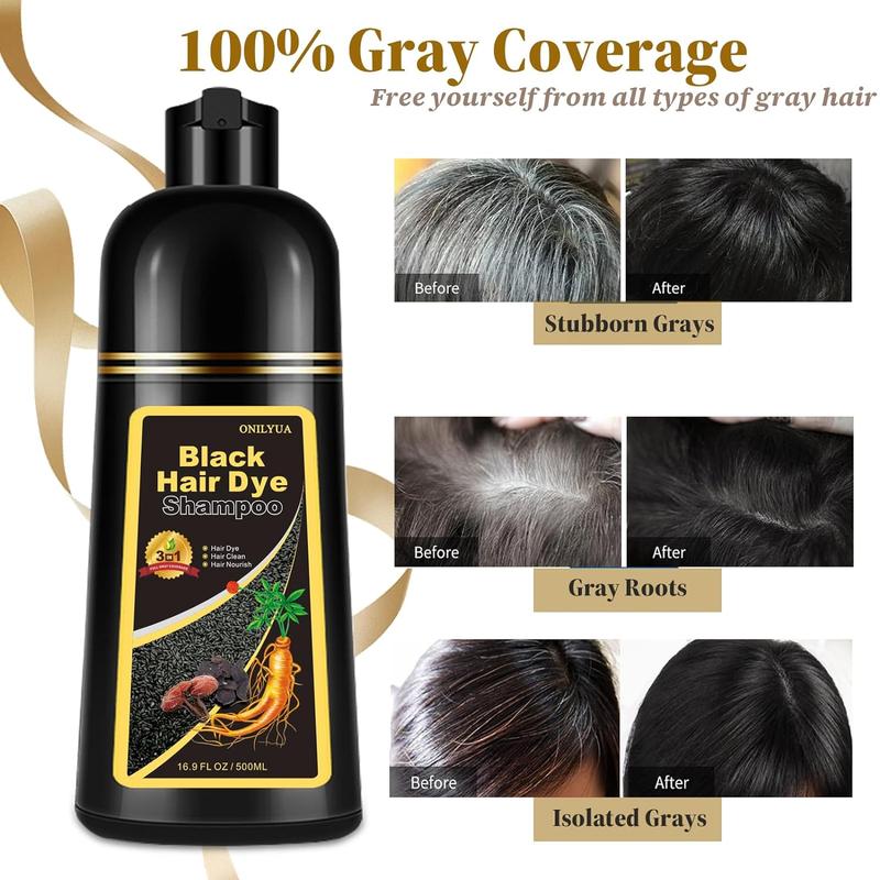 Black Hair Dye Shampoo,Gray Hair Coverage, 3-in-1 Unisex Hair Color Shampoo With Natural Ingredients, No Skin-Stain - Ammonia Free. Haircare